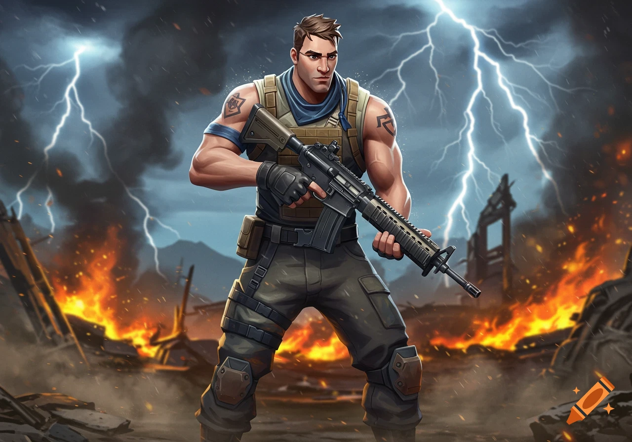 Jonesy from Fortnite holding an assault rifle amidst lightning and fire in a destroyed landscape, in a stylized game art style.
