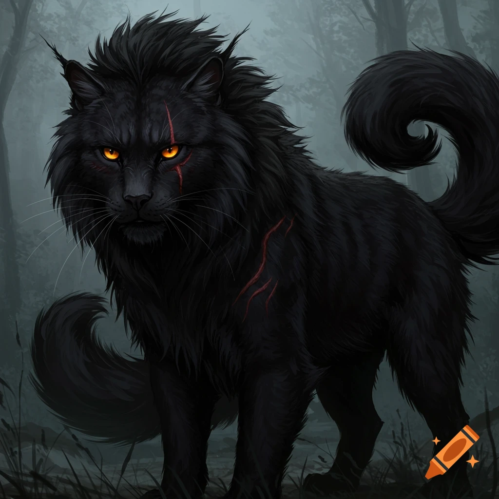 A large, black, cat-like creature with glowing amber eyes and red scars stands in a misty forest with spiky fur and a fluffy tail.