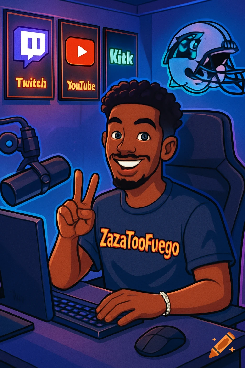 A cartoon illustration of a smiling young Black man with curly hair and a goatee sitting at a computer desk. He wears a blue t-shirt with "ZazaTooFuego" on it and makes a peace sign. Behind him are plaques with Twitch, YouTube, and "Kitk" logos, and a Carolina Panthers football helmet.