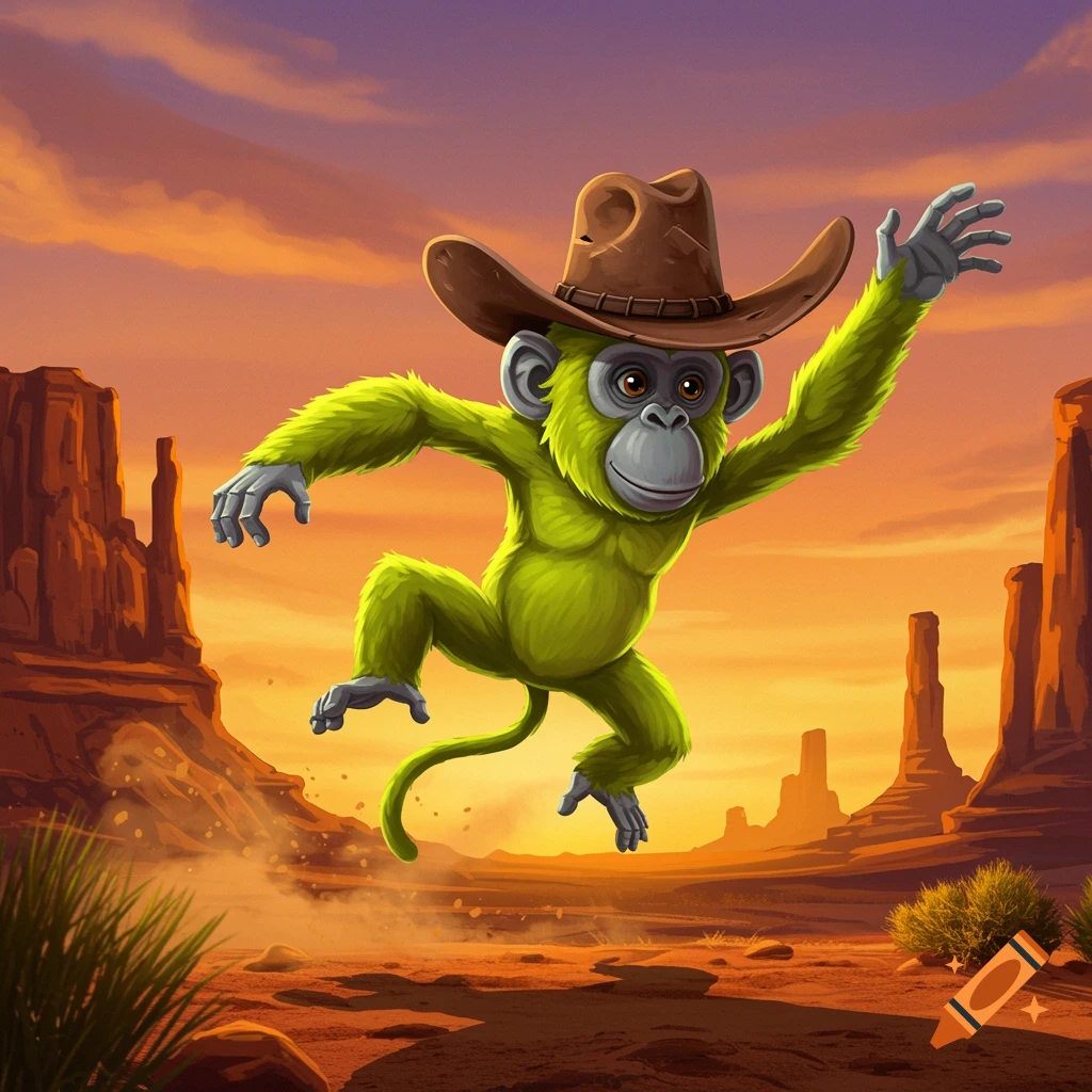 A cartoonish lime green monkey wearing a cowboy hat jumps in a desert landscape at sunset.