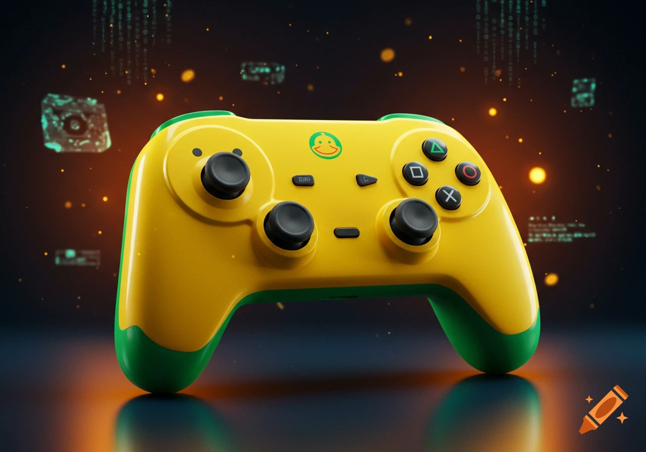 A vibrant yellow and green game controller with black buttons, centered on a reflective surface with a dark, digital background.