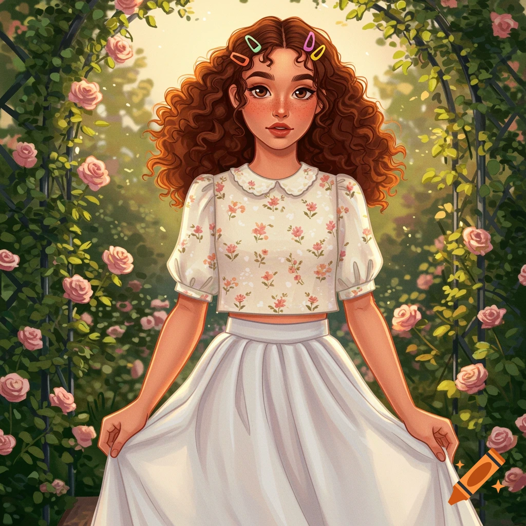Illustrated girl with curly brown hair and colorful claw clips, wearing a floral crop top and white skirt, standing in a rose garden.
