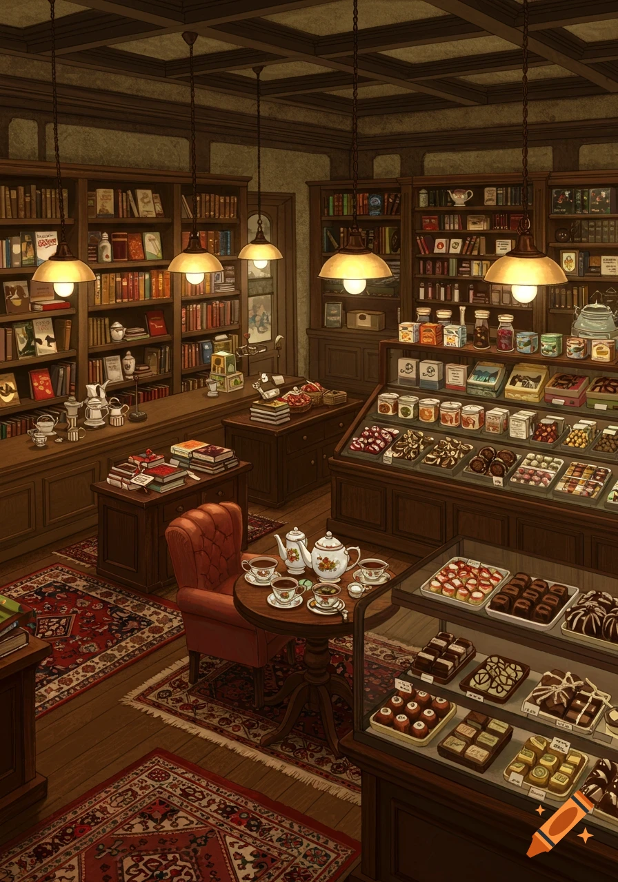 Cozy illustrated shop interior with bookshelves, tea sets, and displays of chocolates and candies, featuring an armchair and a small table.