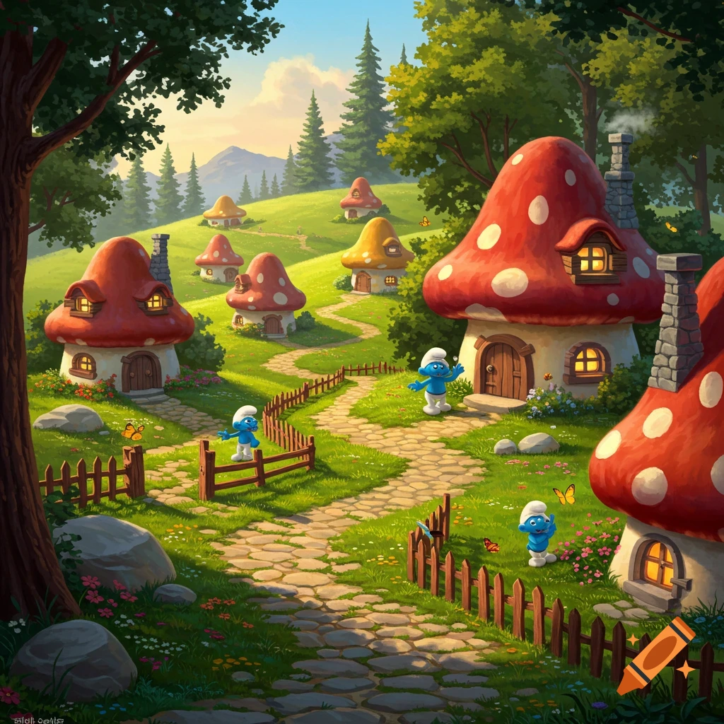 A vibrant cartoon Smurf village with red and yellow mushroom houses scattered across a green hillside path, surrounded by lush trees and tiny blue Smurfs.