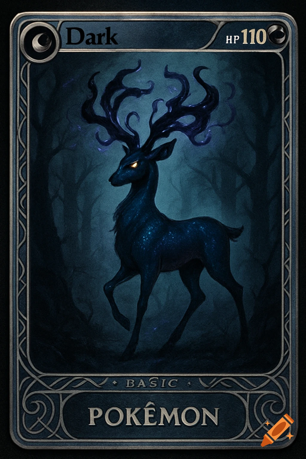 A dark, mystical deer on a Pokémon trading card with "Dark", "HP 110", "BASIC", and "POKÉMON" text.