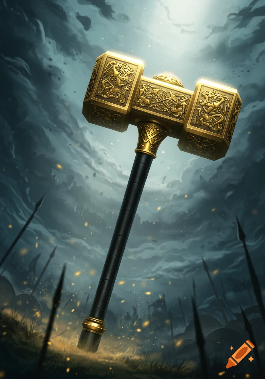 A highly detailed golden hammer with an ornate head and black shaft stands in a dramatic, stormy landscape with spears sticking out of the ground.
