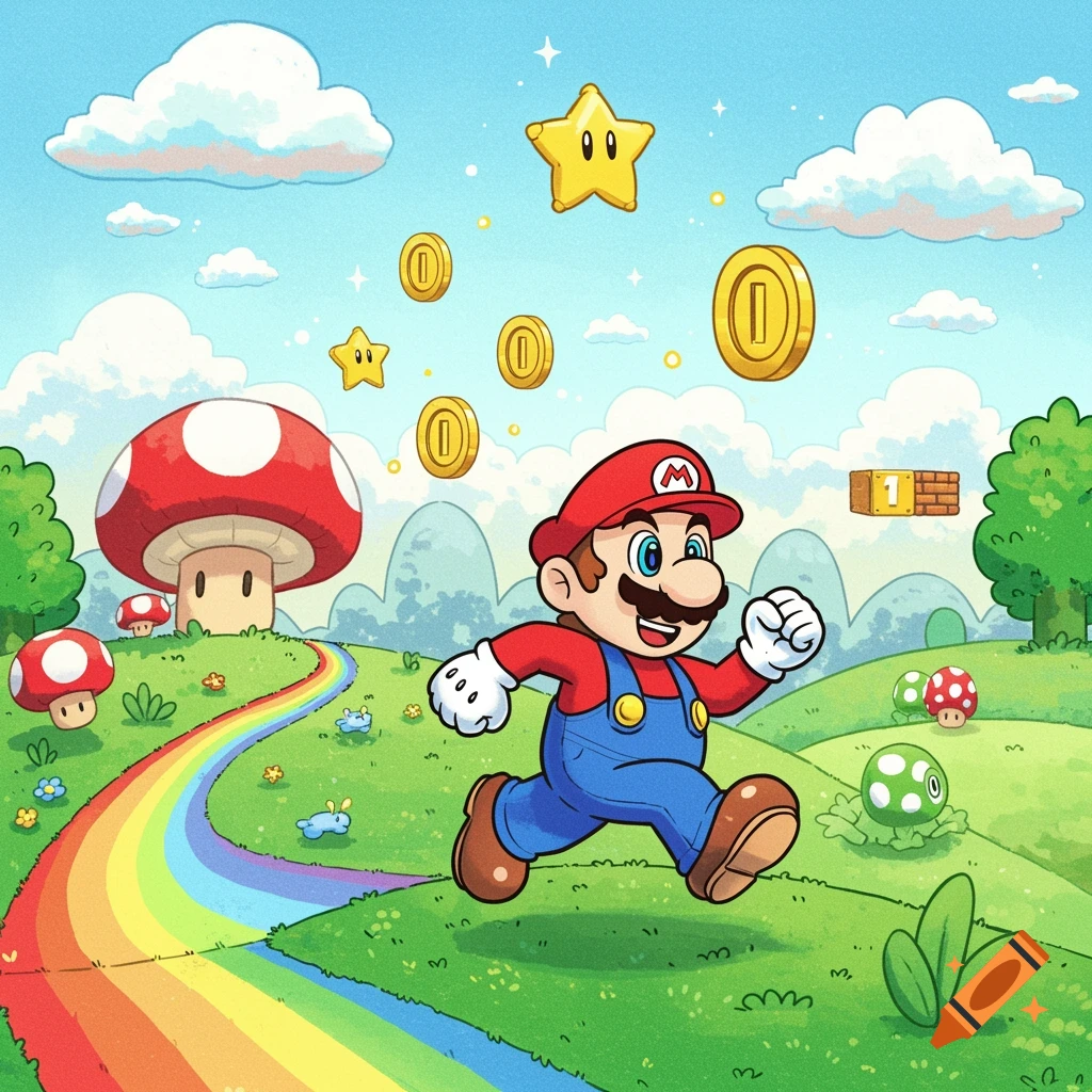 Super Mario runs through a colorful, cartoon landscape with mushrooms, a rainbow path, and floating coins and stars.