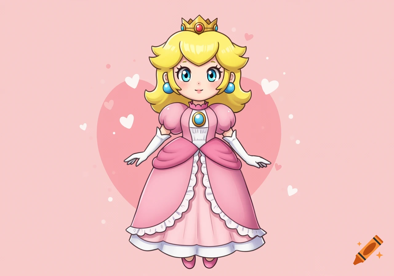 A cute, stylized cartoon of a Princess Peach-like character with blonde hair, a pink dress, and a crown, against a pink background with hearts.