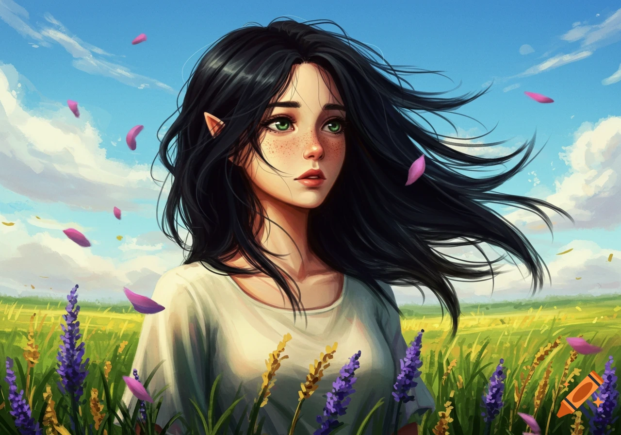 An illustration of a dark-haired elf girl with freckles and green eyes standing in a field of lavender under a blue sky, with pink petals floating around her.