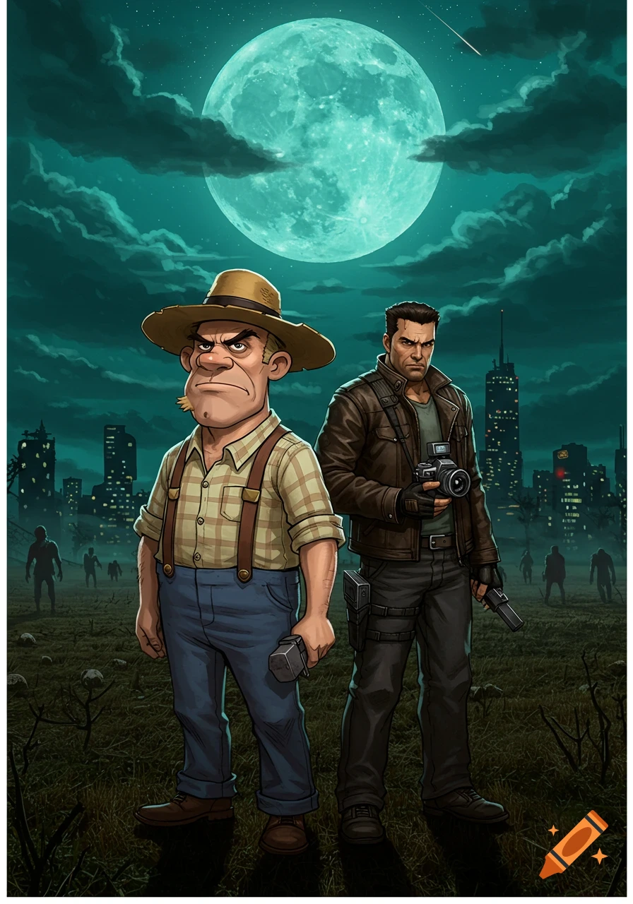 Two cartoon men, one a grumpy farmer and the other an action hero, stand in a field with zombies and a city skyline under a large full moon.