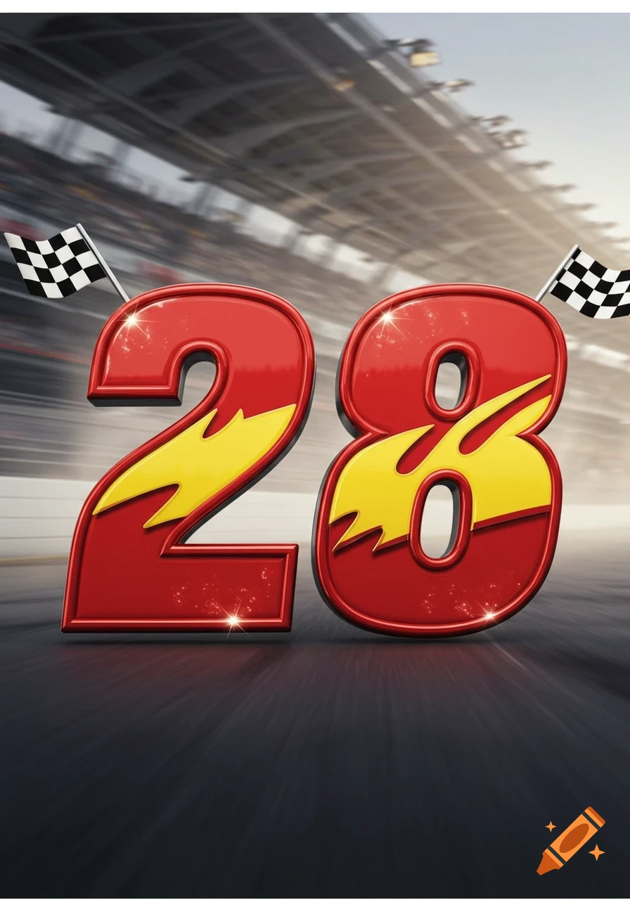 Large red number 28 with yellow flame accents and checkered flags, set on a motion-blurred race track with stadium stands.
