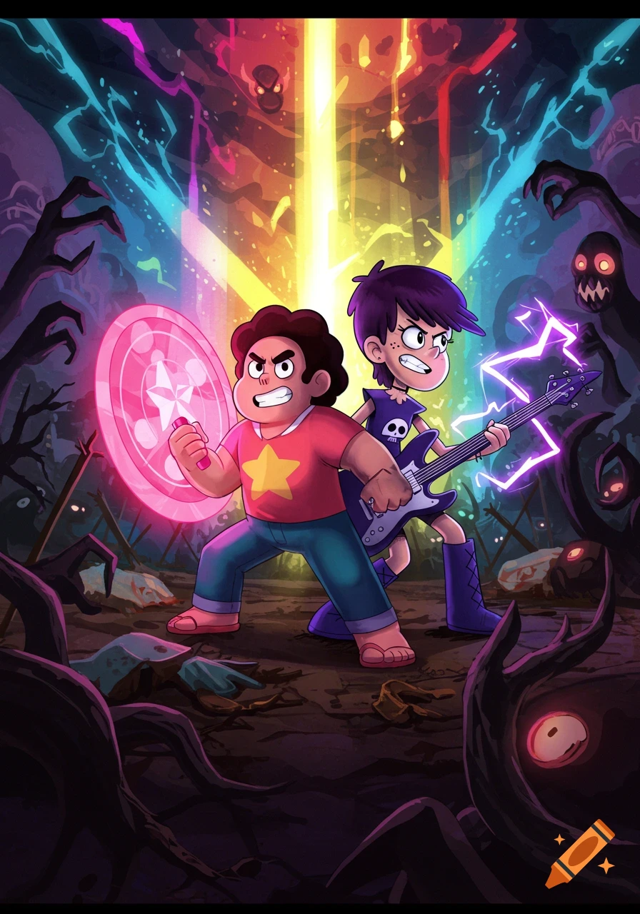 Steven Universe and Luna Loud from The Loud House team up, ready for battle with determined expressions, against shadowy monsters in a vibrant, mystical landscape with glowing beams of light.