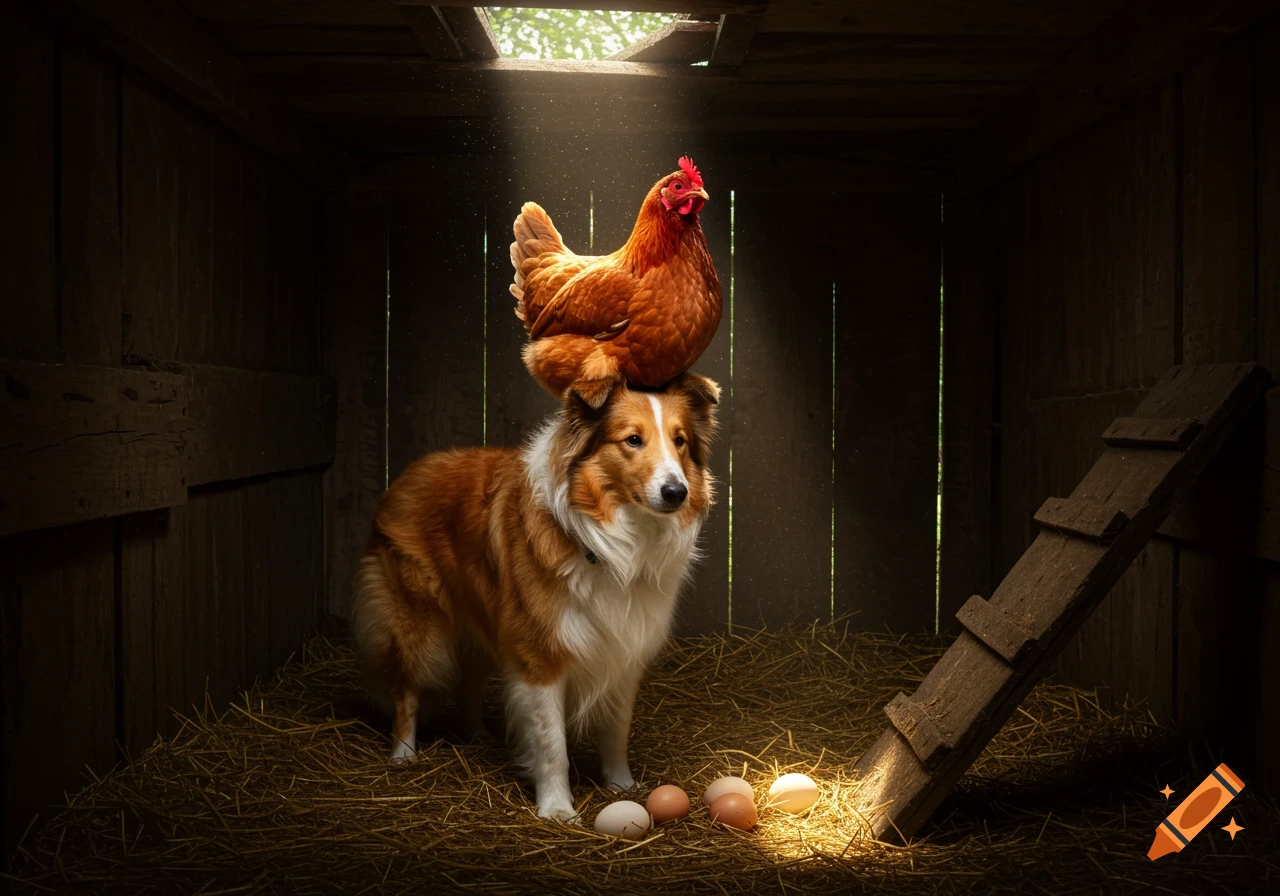 A red chicken stands on the head of a brown and white collie dog inside a dark wooden chicken coop, with eggs on hay.