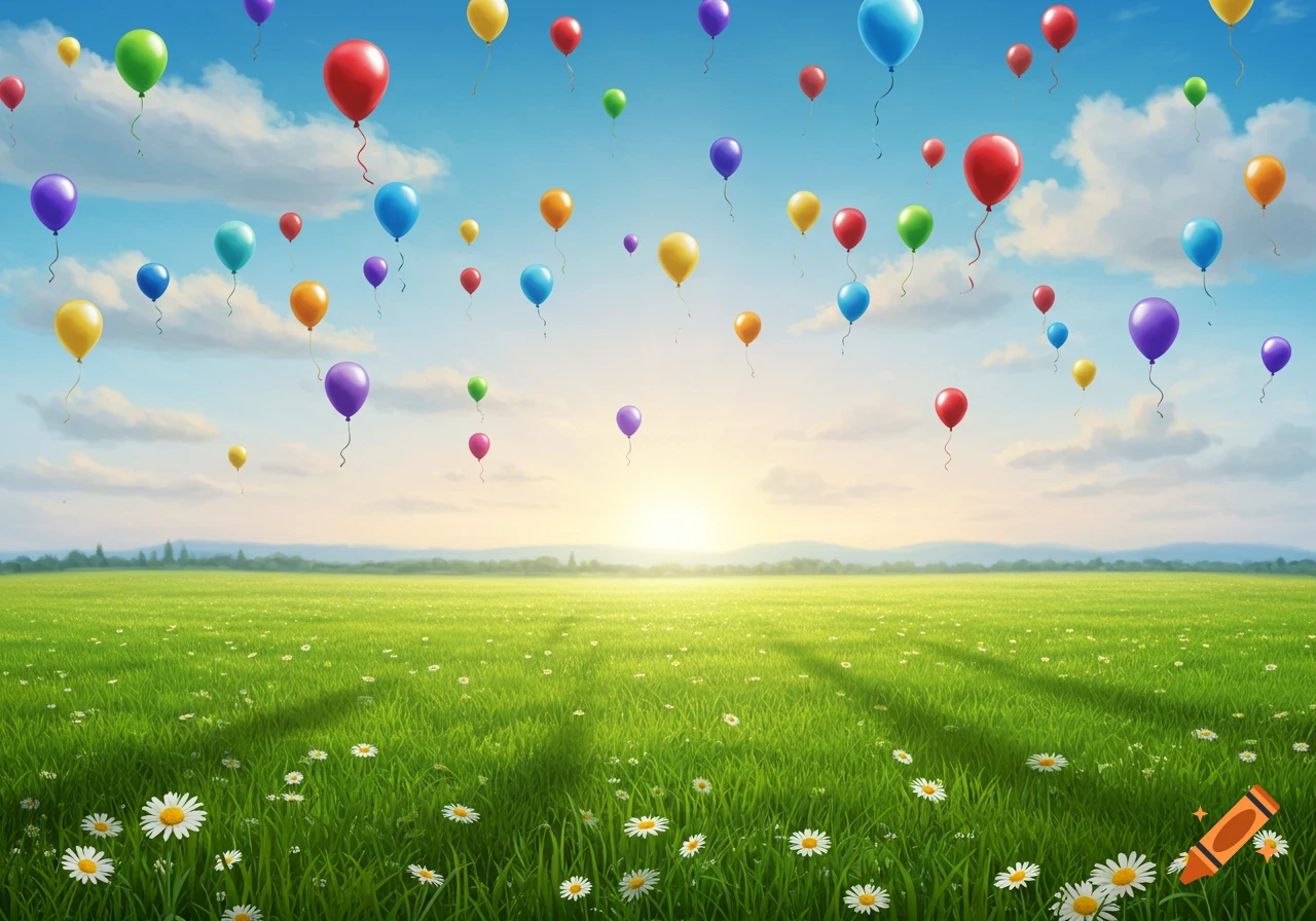 Colorful balloons float in a blue sky over a vibrant green field filled with white daisies at sunrise.
