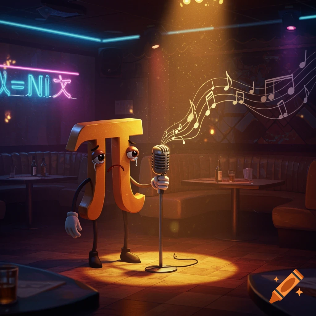 A sad 3D cartoon Pi character sings into a vintage microphone on a stage in a dimly lit karaoke bar.