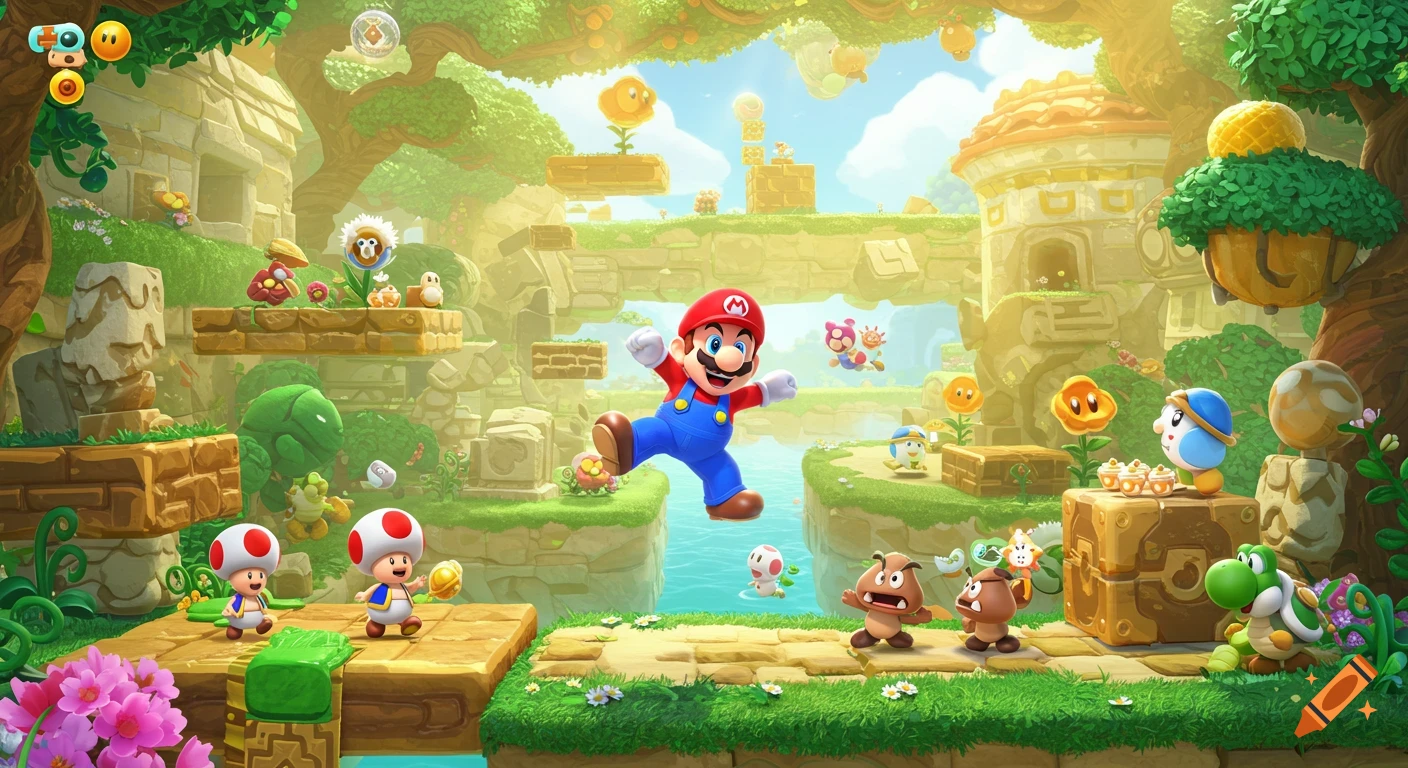 Mario jumps over water in a vibrant, fantastical video game world with Toads, Goombas, and Yoshis.