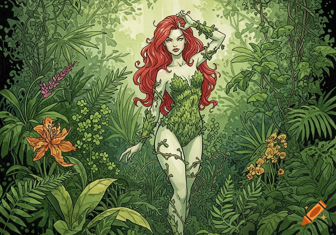 A comic book style illustration of Poison Ivy, a woman with long red hair and a leaf costume, standing amidst lush green jungle foliage.