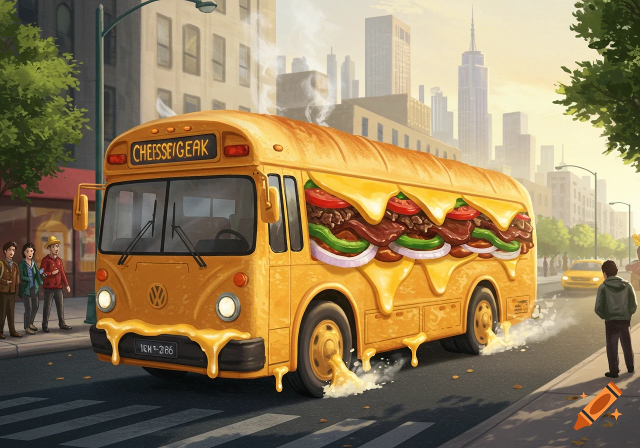 A whimsical illustration of a yellow bus shaped like a giant Philly cheesesteak, driving on a city street with buildings in the background.