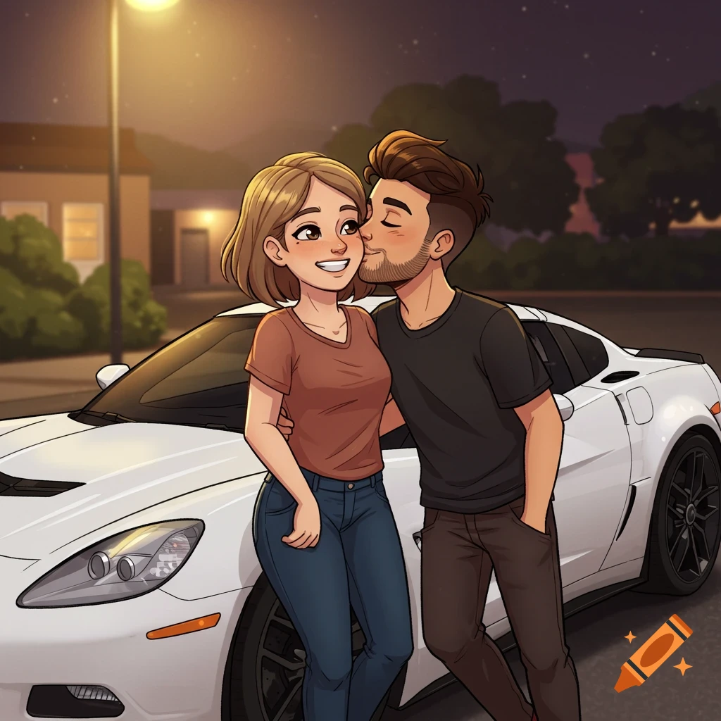 A cartoon man kisses a woman's cheek as they stand next to a white sports car at night.