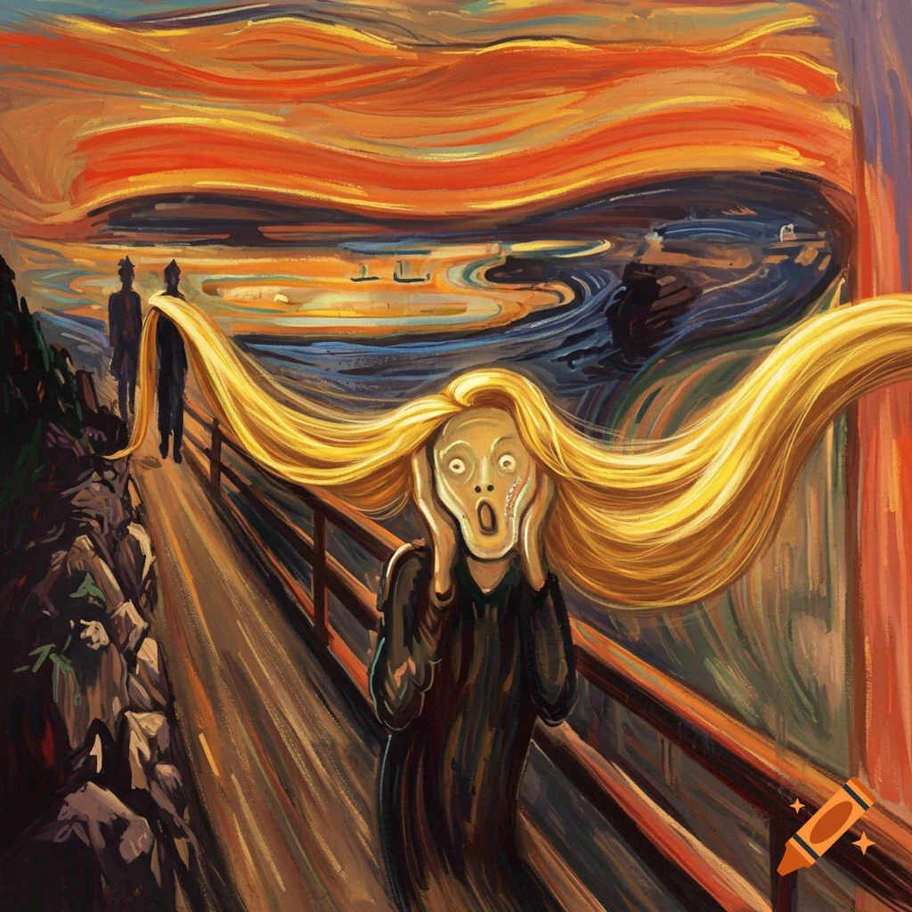 A painting in the style of The Scream, featuring a figure with extremely long blonde hair, like Rapunzel, screaming on a bridge.
