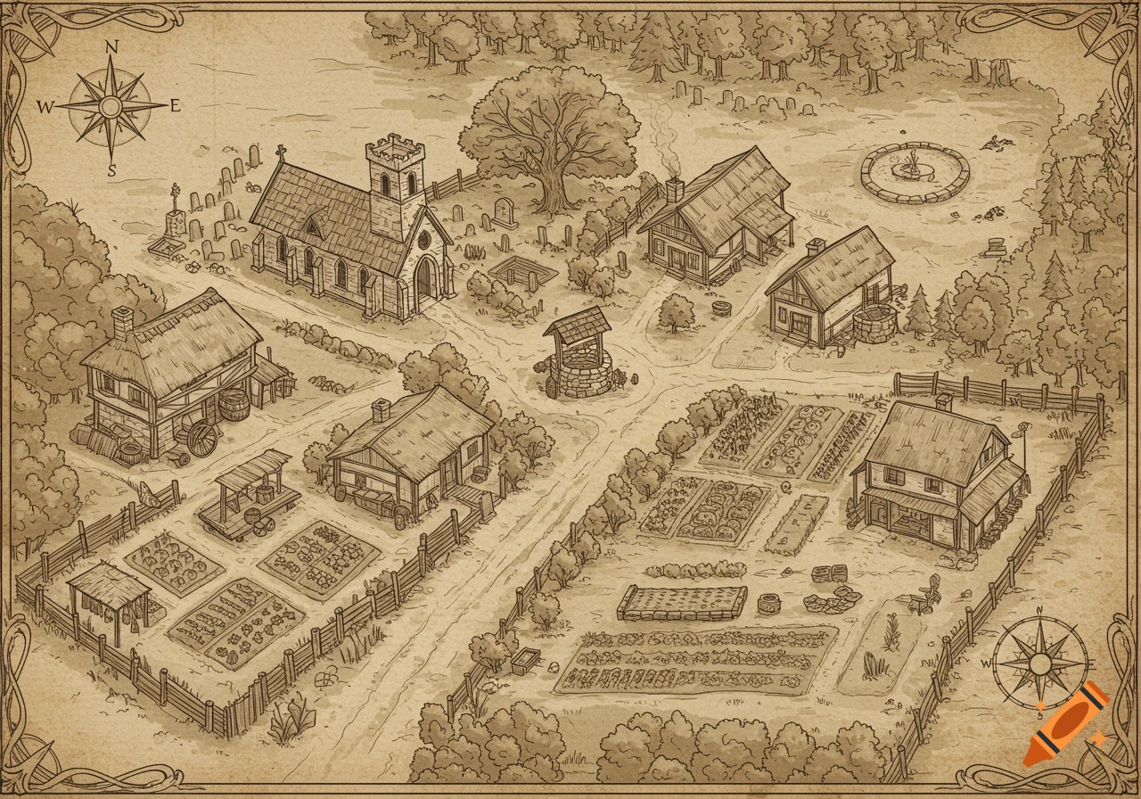 A sepia-toned, hand-drawn map of a medieval village with a church, graveyard, houses, gardens, and a compass rose.
