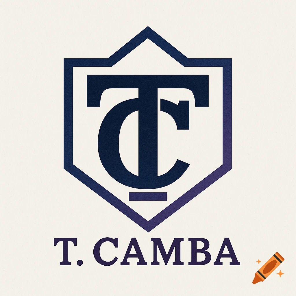 A dark blue and purple monogram logo for T. Camba, featuring stylized interlocking 'TC' initials inside a hexagonal shield.