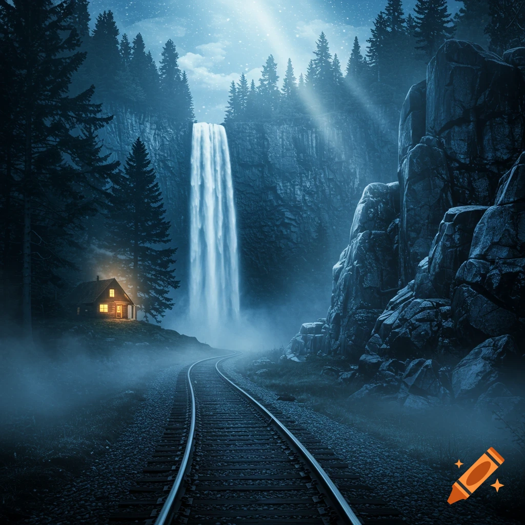 A surreal night landscape with a glowing cabin by a towering waterfall, train tracks in the foreground, and dark forests and rocky cliffs.