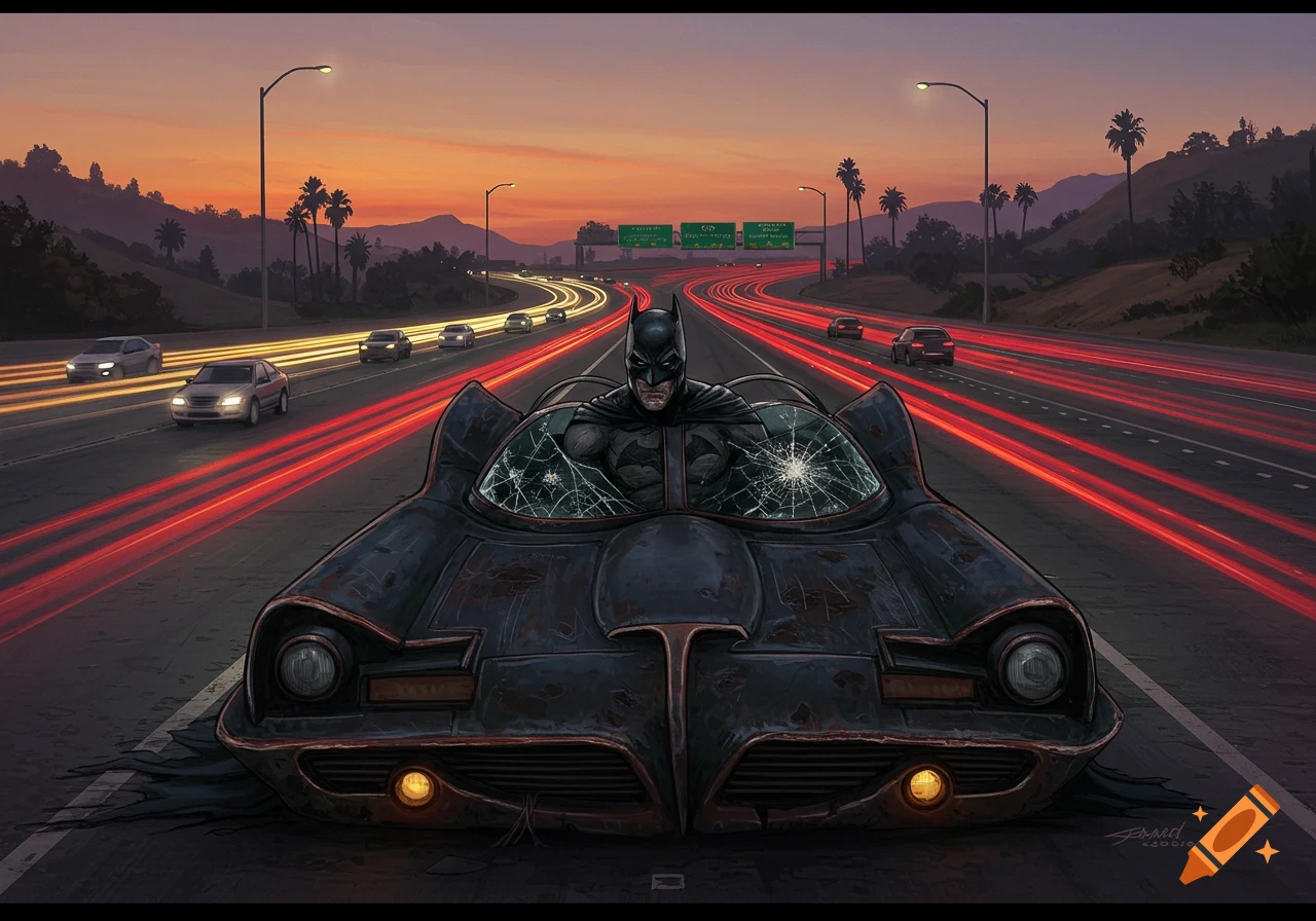 Batman in a rusty Batmobile on a highway at sunset with car light trails, in a comic book style.