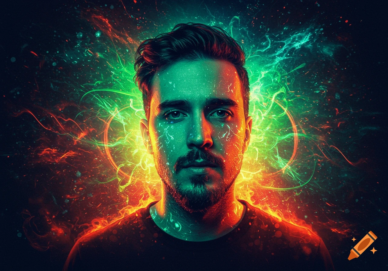 A man's portrait illuminated by vibrant, glowing psychedelic energy and light.