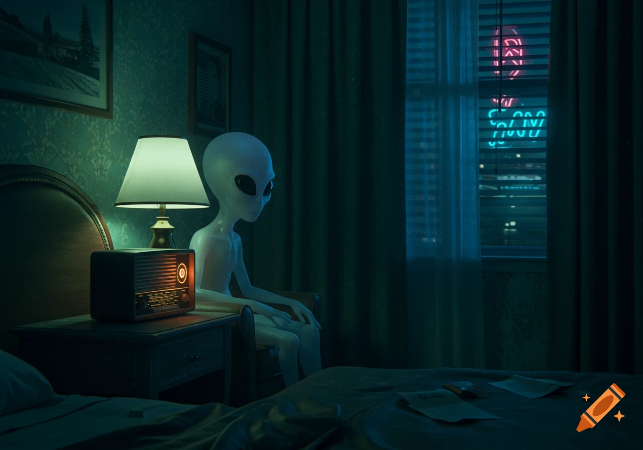 A grey alien sits in a dark hotel room, looking at a vintage radio on a bedside table. Neon signs glow outside the window.