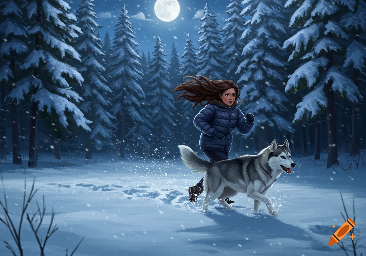 An illustration of a teenage girl and a husky running through a snowy forest at night under a full moon.