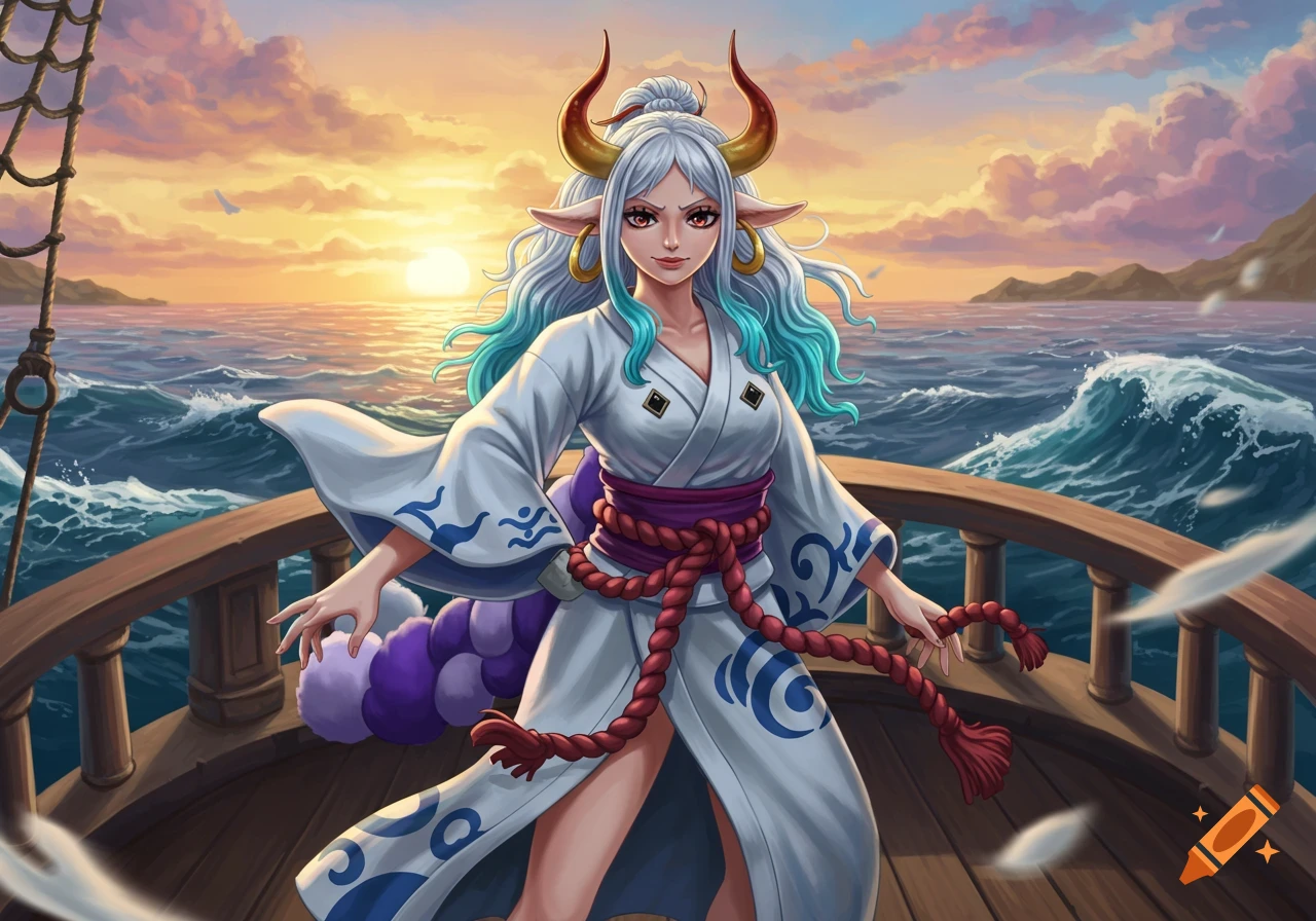 An anime-style character, Yamato from One Piece, stands on a ship deck at sunset, with a vibrant ocean and distant islands.