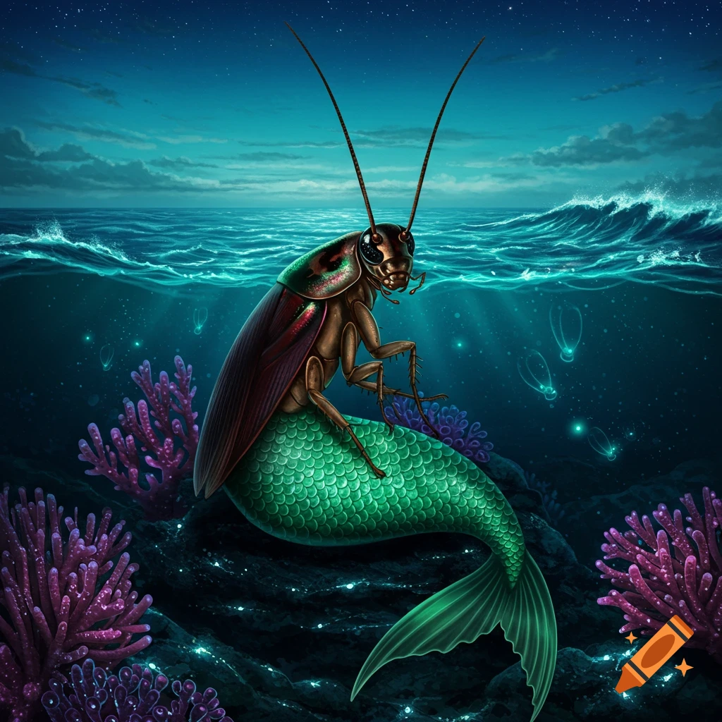 A fantastical cockroach mermaid with an iridescent green tail sits on a rock underwater, surrounded by glowing coral and bioluminescent sea creatures.