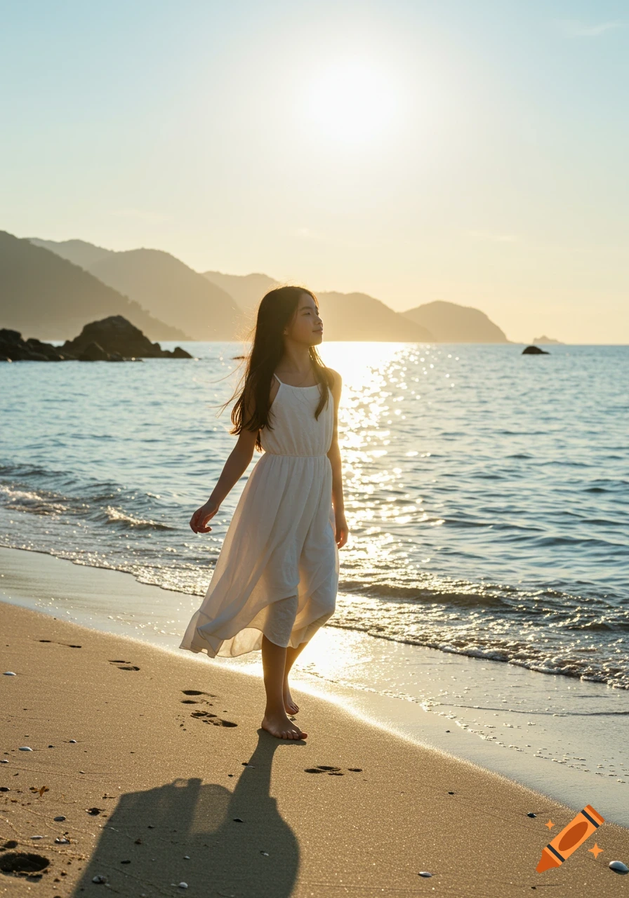 A young girl walks barefoot on a sandy beach at sunset, with mountains and the ocean in the background.