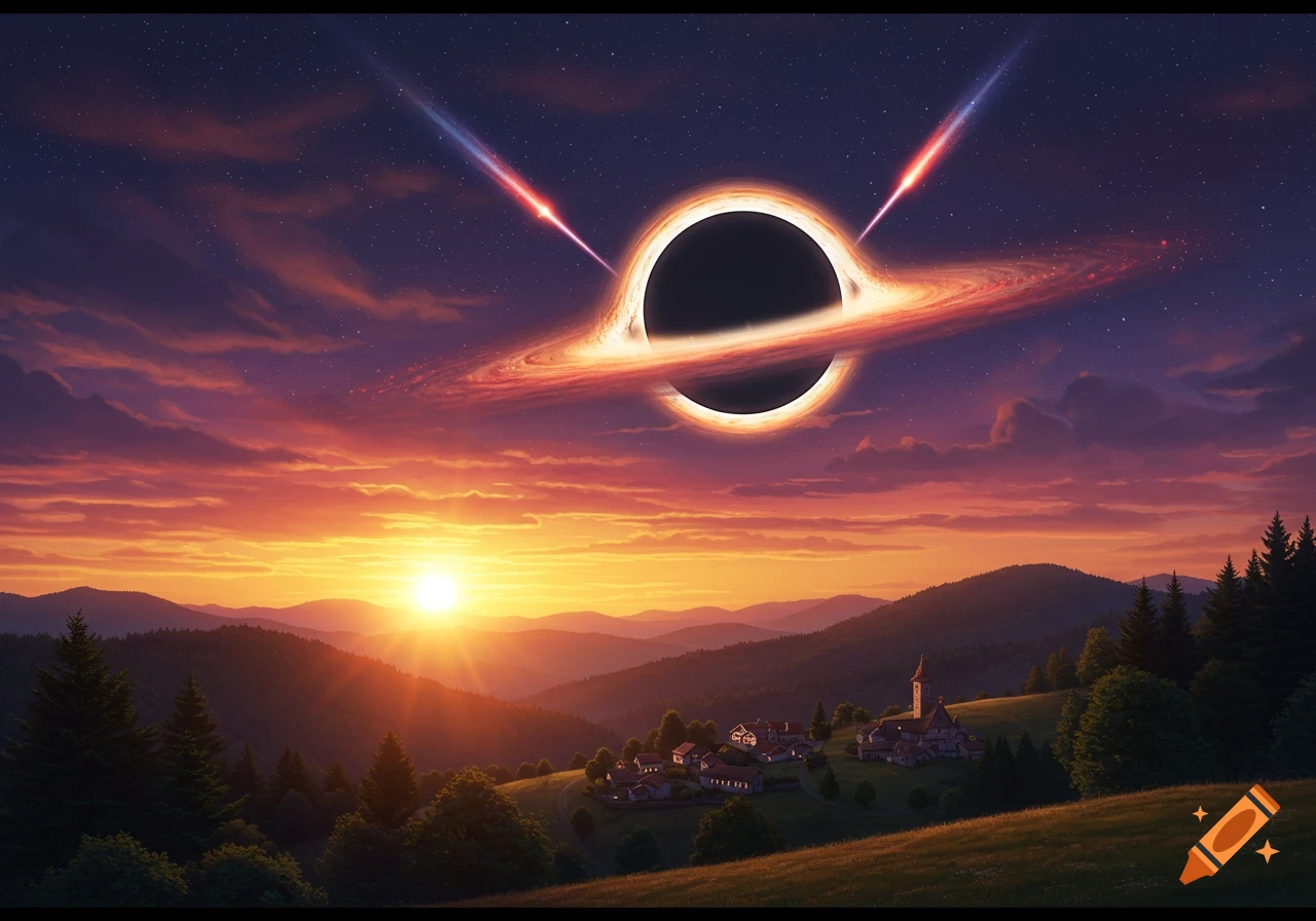 A stylized landscape with a small mountain town and forest under a vibrant sunset sky. A large black hole with an glowing accretion disk and two bright jets dominates the upper sky.