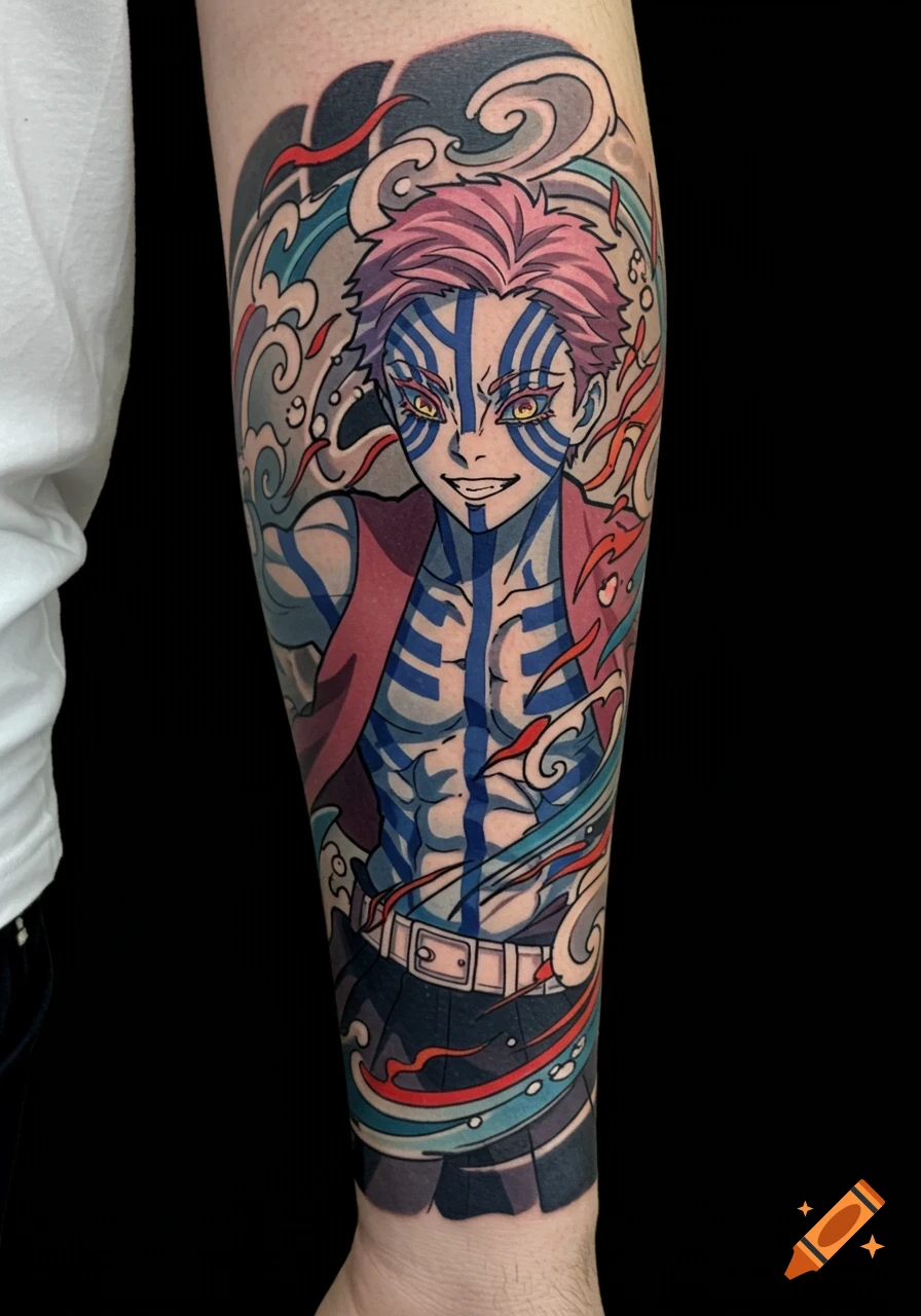 A vibrant Akaza from Demon Slayer anime tattoo on a person's forearm, showing the character with pink hair and blue markings.