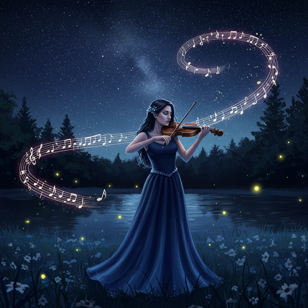 A woman in a blue gown plays a violin under a starry night sky, with glowing musical notes swirling over a lake in a forest.