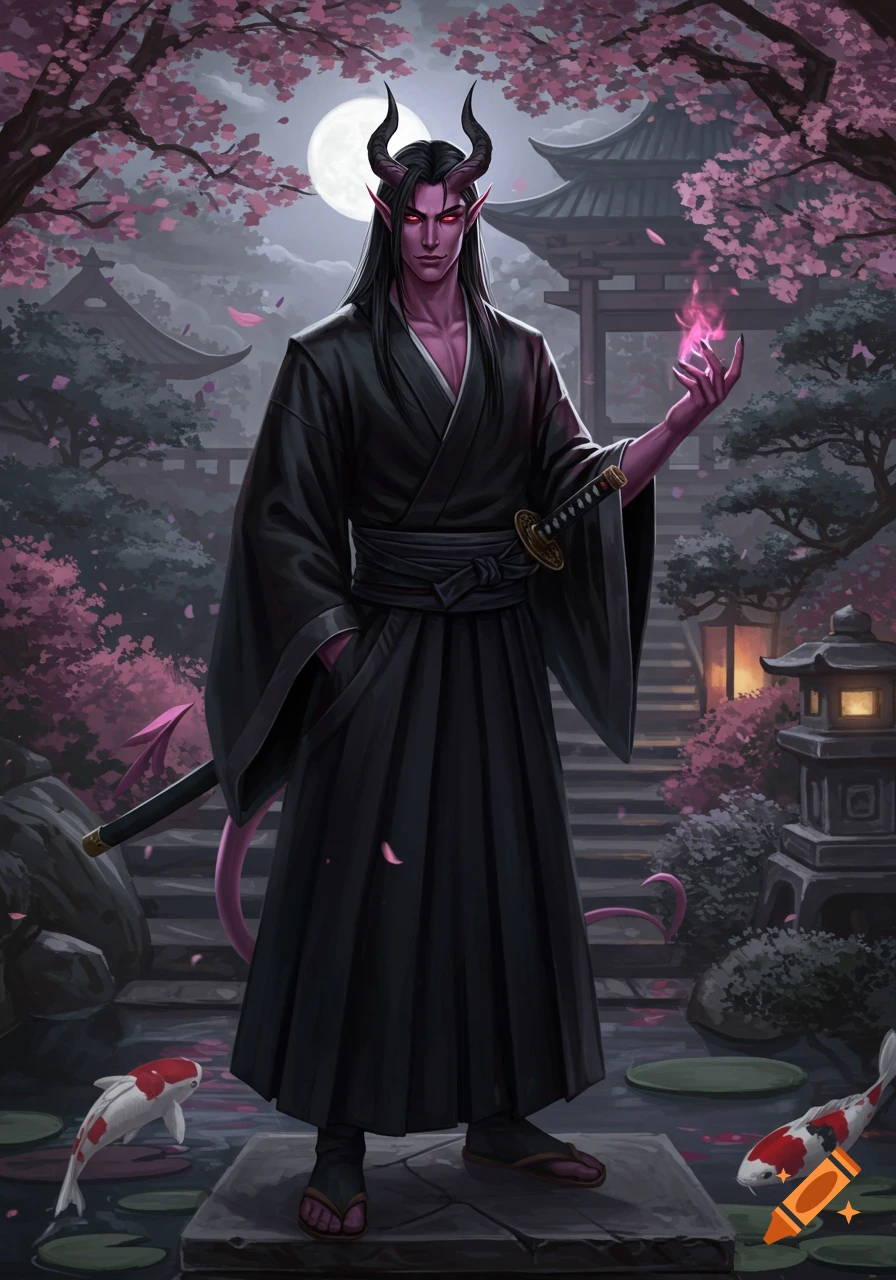 A male Tiefling in a black kimono with long black hair, purple skin, and horns stands in a moonlit Japanese garden with pink cherry blossoms, holding a katana and pink glowing fire.