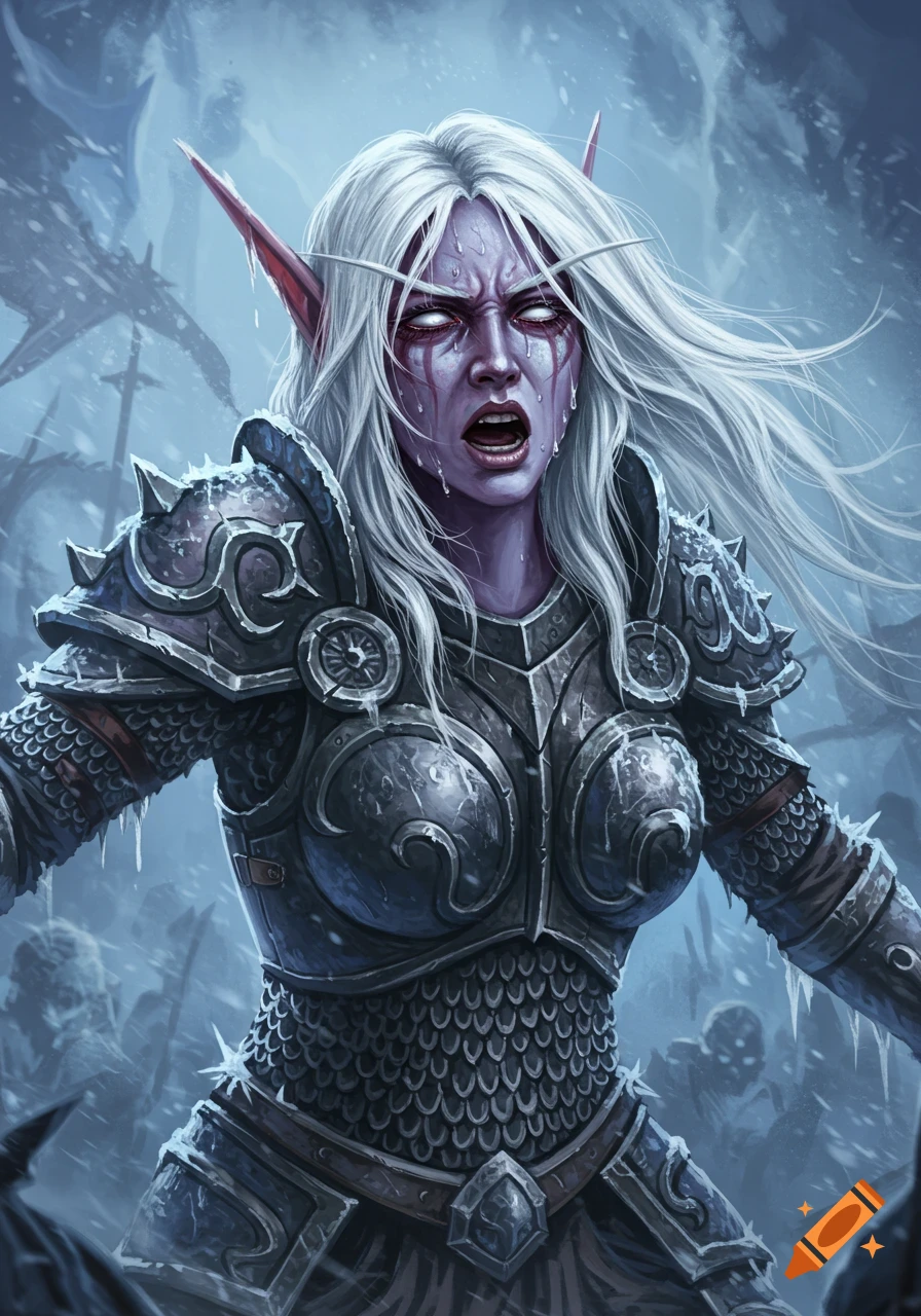 Digital fantasy portrait of a purple-skinned female elf in icy armor, with white hair and red-streaked eyes, appearing pained in a snowy battle.