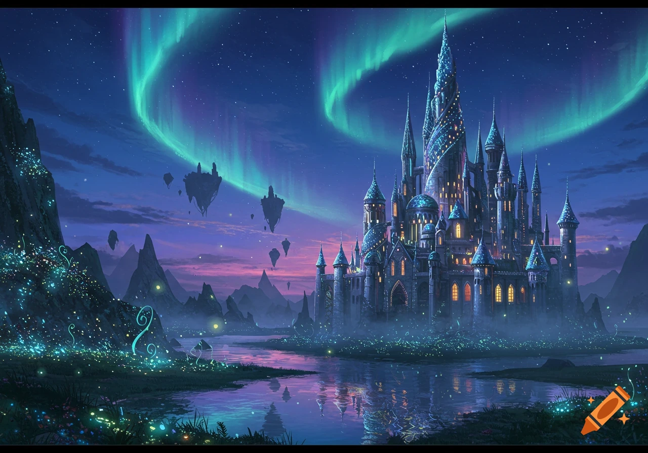 A magical fantasy castle illuminated under a vibrant aurora borealis sky, with floating islands and glowing plants.