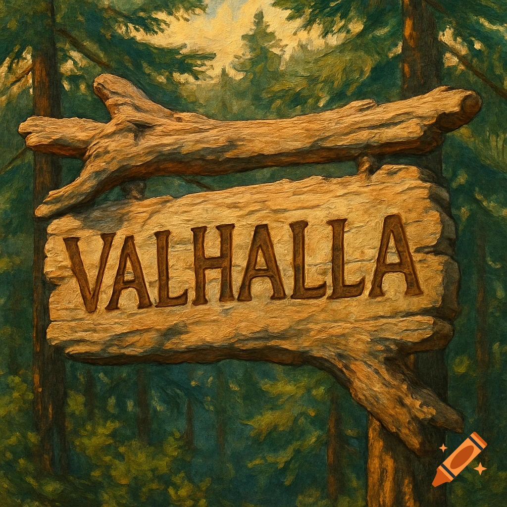 A rustic wooden sign with 'VALHALLA' carved into it, set against a painterly forest background.
