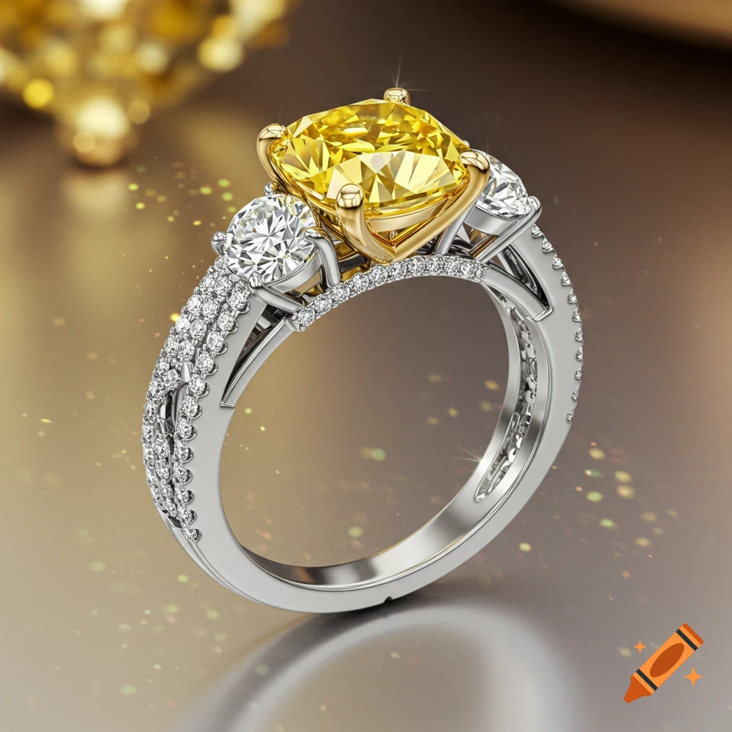 Photorealistic close-up of an engagement ring with a large yellow diamond flanked by two white diamonds on a pav re-set silver band.