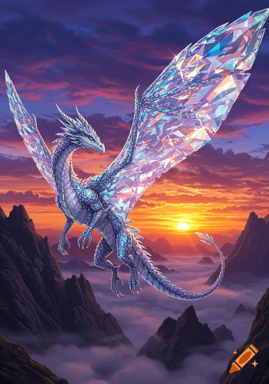 A majestic diamond dragon with iridescent wings soars above misty mountains at sunset.