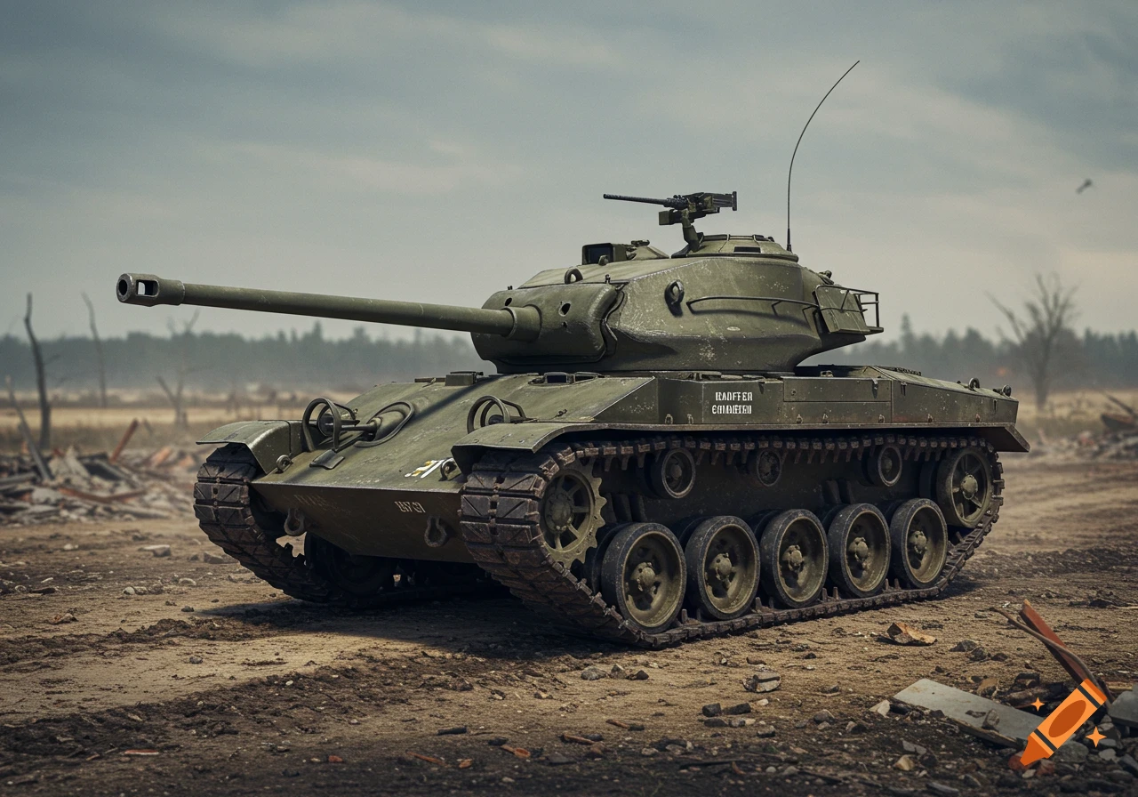 A detailed military tank, an M24 Chaffee, sits in a desolate, war-torn landscape under a cloudy sky.