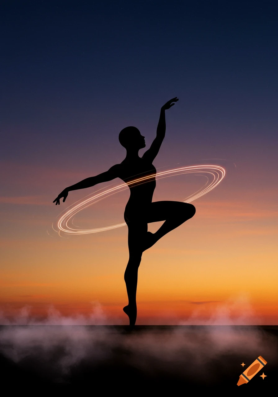 A stylized silhouette of a dancer en pointe against a vibrant sunset sky, with glowing light trails orbiting the figure.