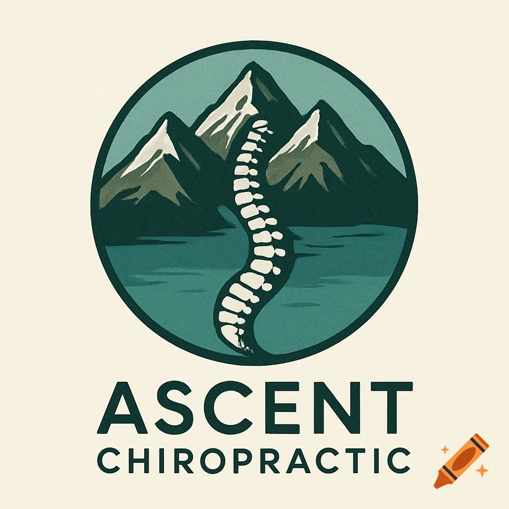 A circular logo featuring mountains, a lake, and a winding spine, with the text Ascent Chiropractic below.