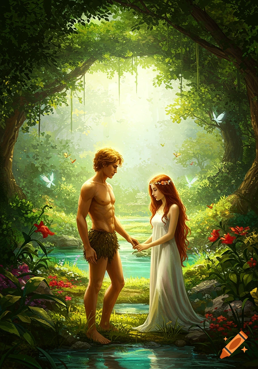 Adam and Eve hold hands in a lush, sunlit Garden of Eden with a stream and vibrant foliage, in an illustrative style.