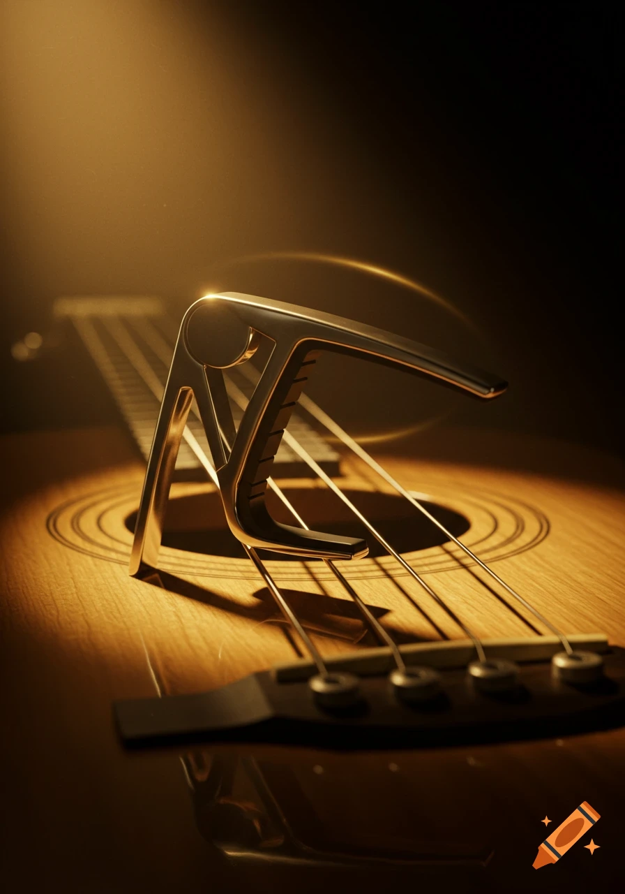 A shiny metallic guitar capo rests on the strings of an acoustic guitar, bathed in warm golden light against a dark background.