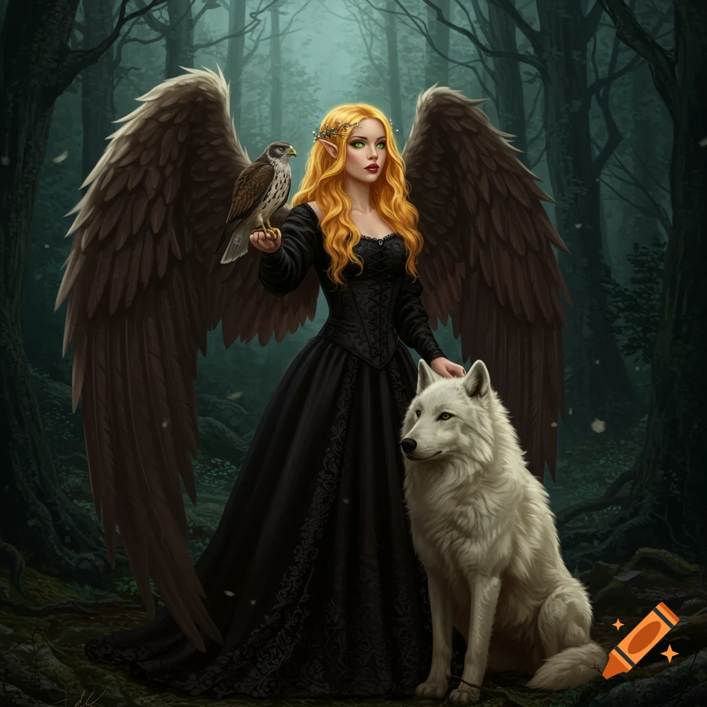 Blonde angel in a black dress with large wings, holding a hawk and stroking a white wolf in a dark fantasy forest.