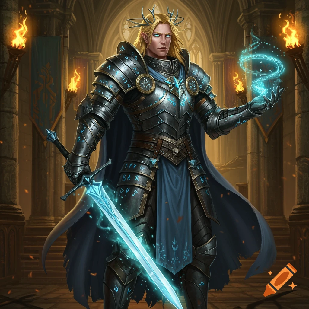 A male elf knight with long blonde hair, wearing detailed runic armor, holds a glowing sword and casts a spell in a gothic hall.
